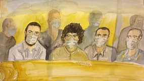 Croquis de l'audience du 16 novembre 2020 du procès de l'attentat déjoué du Thalys avec de gauche à droite: Ayoub El Khazzani, Mohamed Bakkali, Bilal Chatra et Redouane El Amrani Ezzerrifi