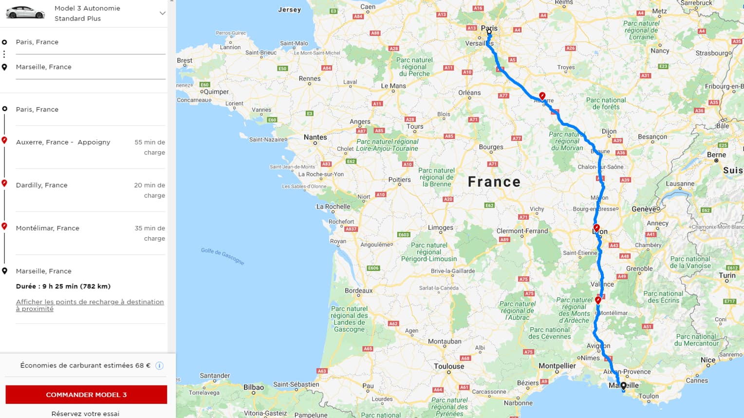 Le simulateur d'itinéraire de Tesla permet de visualiser ce que donne un trajet avec ses différentes étapes pour un modèle donné.