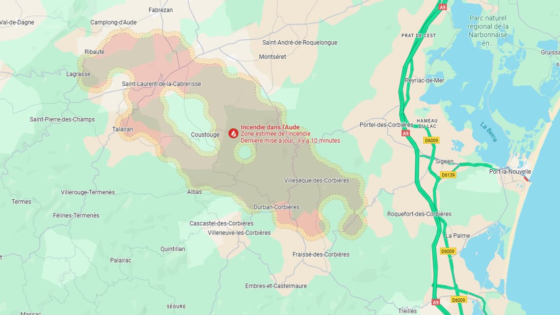 La carte Google Maps de l'étendue de l'incendie dans l'Aude, le 7 août 2025 La carte Google Maps de l'étendue de l'incendie dans l'Aude, le 7 août 2025