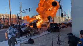 Une image du tournage du nouveau film de Michael Bay, "Ambulance"