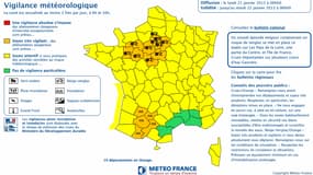 Carte des zones de vigilance orange de Météo France