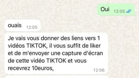 Message Whatsapp envoyé dans une arnaque à la tâche