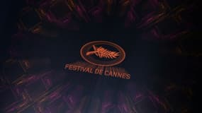Logo du Festival de Cannes lors de l'annonce de la sélection officielle de la 76e édition, le 13 avril 2023 à Paris