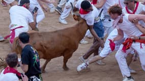 Un participant est frappé par une jeune vache après l'"encierro" (course de taureaux) des fêtes de San Fermin à Pampelune, dans le nord de l'Espagne, le 7 juillet 2024.