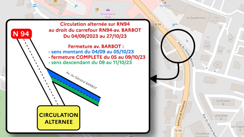 Un alternat de la circulation sera mis en place au droit de l’avenue de Provence (RN94) du lundi 4 septembre 2023 jusqu’à la fin du mois d’octobre.