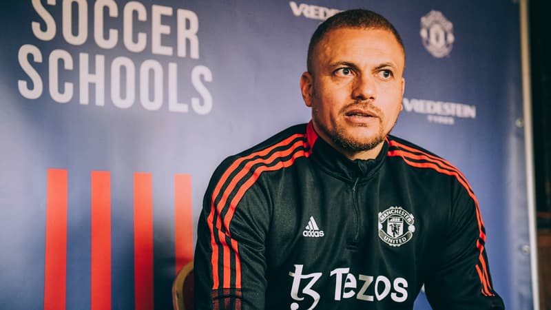 Wes Brown, le 1er avril 2023, à l'occasion d'un entraînement à l'académie de Manchester United.