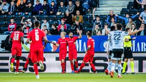 Les joueurs du Stade Rennais après le but de Romain Del Castillo contre Rosenborg