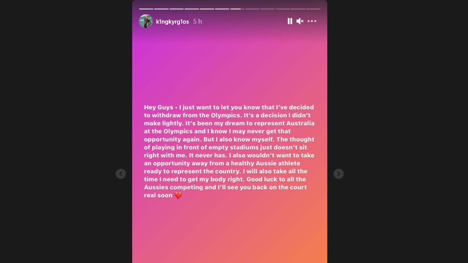 Nick Kyrgios annonce son forfait sur les JO dans une story Instagram Nick Kyrgios annonce son forfait sur les JO dans une story Instagram