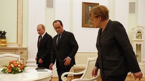 Vladimir Poutine, François Hollande et Angela Merkel à Moscou le 6 février 2015.