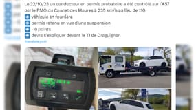 L'homme a été contrôlé par le peloton motorisé de la gendarmerie du Cannet-des-Maures, dimanche 22 octobre 2023, a 235 km/h au lieu de 110 km/h sur l'A57. 