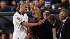 Erling Haaland et Pep Guardiola lors du match face à Burnley, le 11 août 2023.