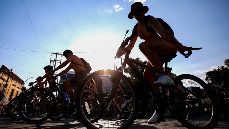 Des cyclistes participant au World naked bike ride.