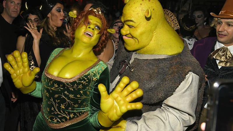 Heidi Klum et Tom Kaulitz, déguisés en Fiona et Shrek pour la fête d'Halloween, le 31 octobre 2018.