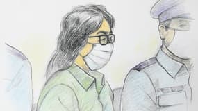 Croquis d'audience de Masato Yamashita montrant le tueur en série Takahiro Shiraishi (C), le 30 septembre 2020 dans un tribunal de Tokyo