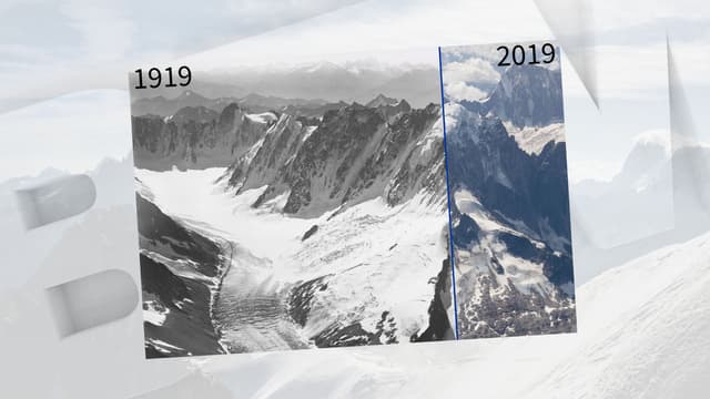 Le glacier d'Argentière en 1919 et 2019.