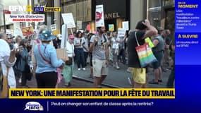New York: manifestation pour la fête du travail, devant la Trump Tower