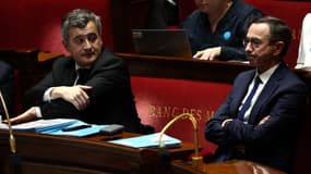 Gérald Darmanin et Bruno Retailleau à l'Assemblée nationale, à Paris, le 1er avril 2025. 