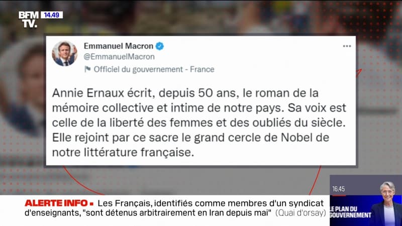Emmanuel Macron félicite Annie Ernaux, lauréate du prix Nobel de littérature: 