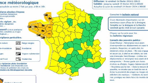 Quatre départements ont été placés en vigilance orange par Météo France, vendredi 14 février 2014.