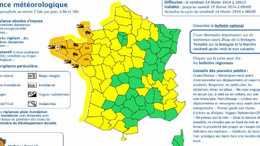 Quatre départements ont été placés en vigilance orange par Météo France, vendredi 14 février 2014.