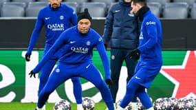Kylian Mbappé à l'entraînement avant le 8e de finale retour de la Ligue des champions face au Bayern Munich