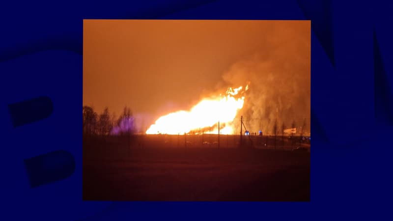 Le feu survenu après l'explosion qui a endommagé le gazoduc Amber Grid dans le nord de la Lituanie, le 13 janvier 2023.