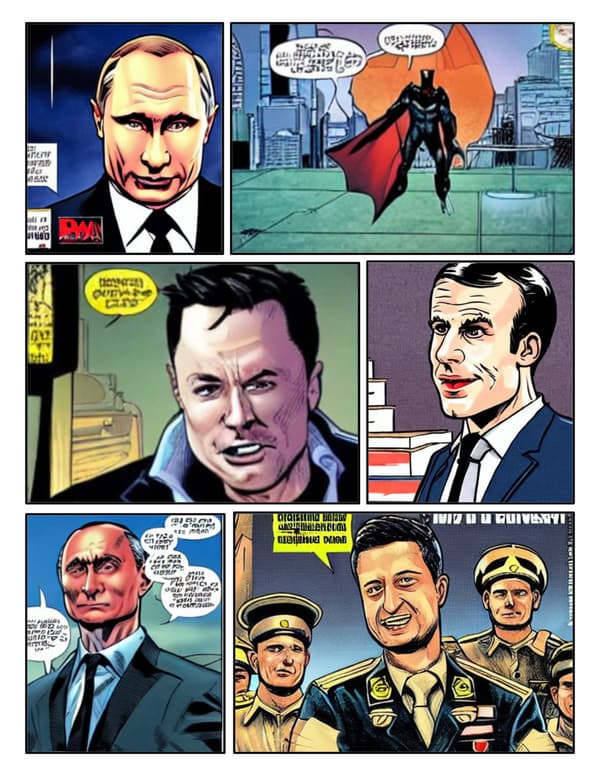 "Vladimir Putin, Volodymyr Zelensky, Elon Musk and Emmanuel Macron in a Batman comics", via Stable Diffusion