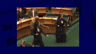 Des députés maoris exécutent un haka au Parlement néo-zélandais en signe de protestation contre un projet de loi qui prévoit la révision du Traité Waitangi, le 14 novembre 2024.