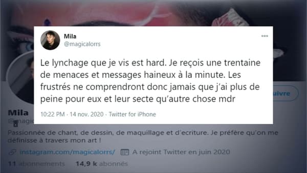 Sur Twitter, l'adolescente a partagé des captures d'écran des menaces de mort reçues, certaines évoquant l'assassinat de Samuel Paty. Sur Twitter, l'adolescente a partagé des captures d'écran des menaces de mort reçues, certaines évoquant l'assassinat de Samuel Paty.