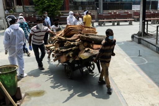 Des employés apportent du bois pour alimenter les bûchers où s'effectue la crémation de victimes du coronavirus, le 3 juin 2020 au Nigambodh Ghat à New Delhi Des employés apportent du bois pour alimenter les bûchers où s'effectue la crémation de victimes du coronavirus, le 3 juin 2020 au Nigambodh Ghat à New Delhi