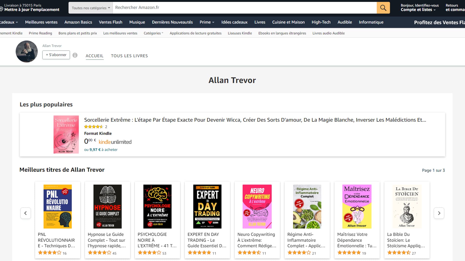 La page du profil d'Allan Trevor sur Amazon. 