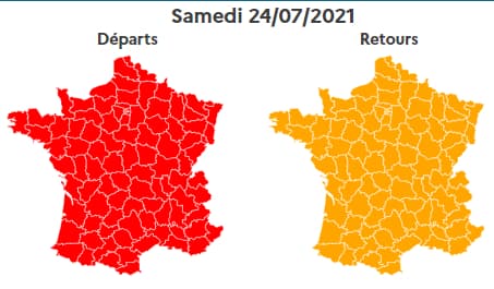 Le 24 juillet sera classé rouge dans le sens des départs, orange dans le sens des retours. Le 24 juillet sera classé rouge dans le sens des départs, orange dans le sens des retours.