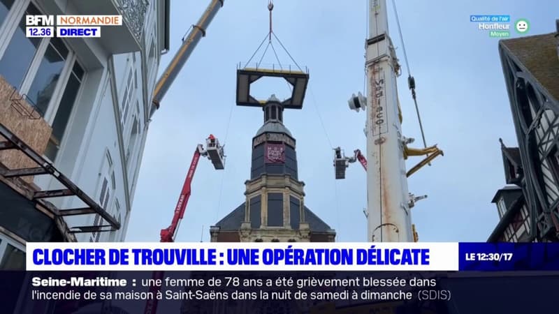 Trouville-sur-Mer: le clocher de l'église de Bon-Secours en partie démonté