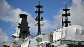 Une partie de la frégate HMS Glasgow de classe City Type 26 en cours de construction est photographiée dans le dock de BAE Systems Scotstoun, à Glasgow, en Écosse, le 4 septembre 2025.