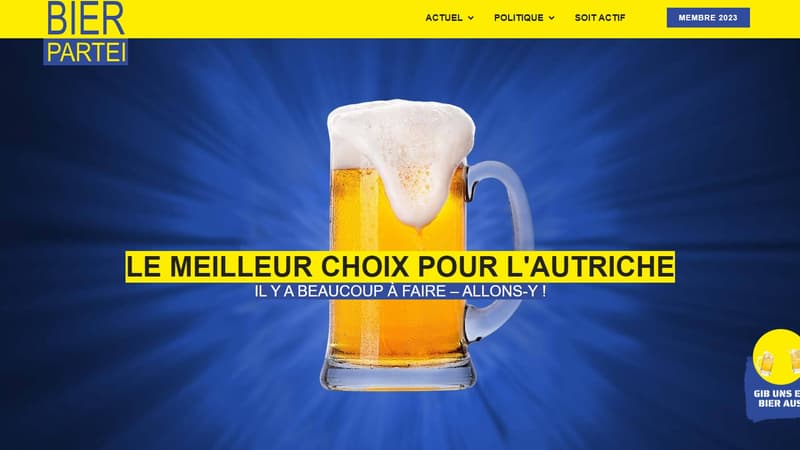 La page d'accueil du site internet du Parti de la Bière autrichien (Bierpartei en allemand). Le texte central a été traduit automatiquement par Google Translate.