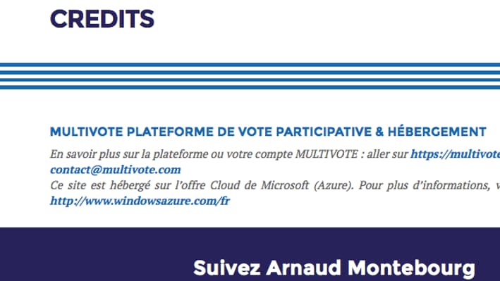 Capture d'écran de la rubrique "Crédits" du site de campagne d'Arnaud Montebourg, le 22 août 2016 Capture d'écran de la rubrique "Crédits" du site de campagne d'Arnaud Montebourg, le 22 août 2016