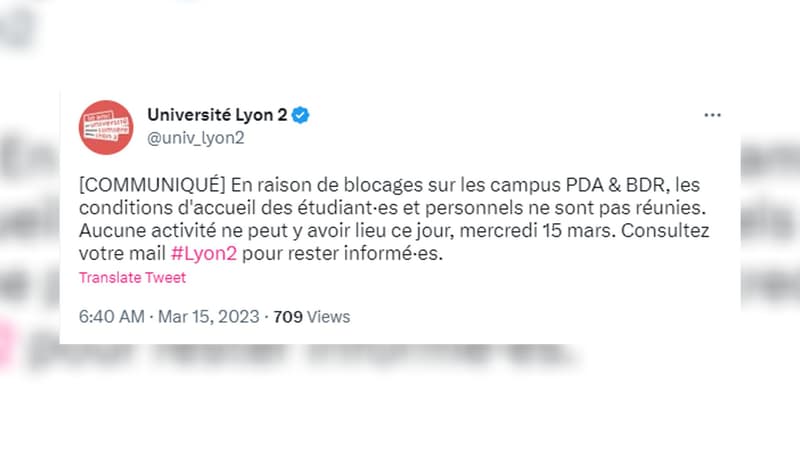 L'université Lyon 2 est bloquée ce mercredi 15 mars, pour protester contre la réforme des retraites.