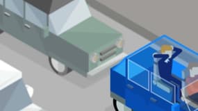 Le conducteur au volant utilise le pédalier pour faire du vélo d'appartement, alors que le passager arrière fait du rameur avec son siège.