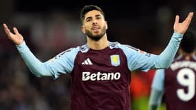 Marco Asensio célèbre un but avec Aston Villa en Ligue des champions, le 12 mars 2025