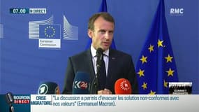 Mini-sommet européen: "Une réunion utile qui a permis d'évacuer des solutions non-conformes aux valeurs européennes" a estimé Emmanuel Macron.