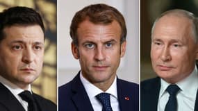 Le président ukrainien Volodymyr Zelensky, le président français Emmanuel Macron et le président russe Vladimir Poutine