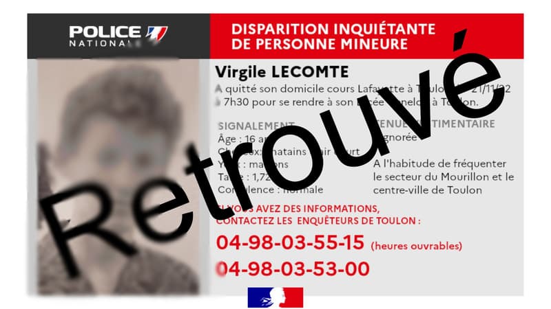 Un appel à témoins avait été lancé pour retrouver Virgile Lecomte, un adolescent de 16 ans.