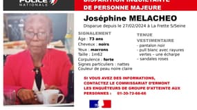 Joséphine Melacheo, 73 ans, a disparu depuis le mardi 27 février à La Frette-sur-Seine (Val-d’Oise).