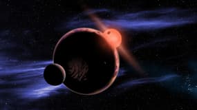 Cette infographie montre une planète potentiellement habitable avec deux lunes, en orbite autour d'une "naine rouge".