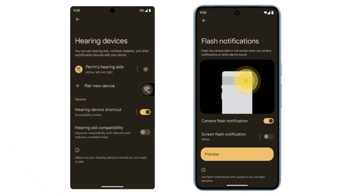 L'accessibilité dispose de nouveaux réglages pour fonctionner avec des appareils auditifs ou bien ajouter des flashs aux notifications