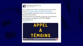 La gendarmerie lance un appel à témoins après un accident mortel.