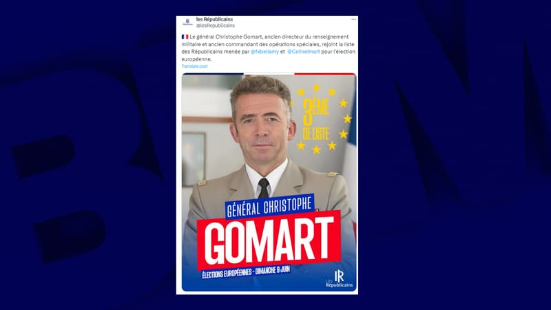 Capture d'écran du tweet de LR annonçant le ralliement du général Christophe Gomart à sa liste aux élections européennes 