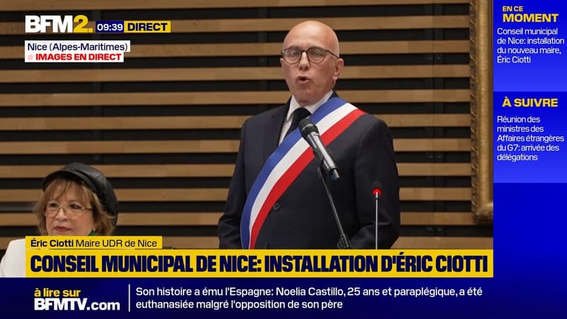 Éric Ciotti, nouveau maire UDR de Nice, adresse "un salut républicain" à son prédécesseur Christian Estrosi, lors de son discours d'installation