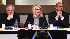 La ministre des Sports, Marie Barsacq, entourée de Vincent Labrune et Philippe Diallo, le 3 mars 2025