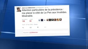 Sur Twitter, Jean-Luc Mélenchon n'a pas caché sa colère après avoir été placé à côté de Marine Le Pen lors de l'hommage aux victimes des attentats aux Invalides. 